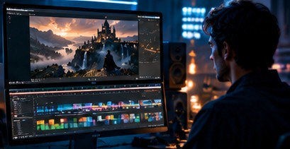 A filmmaker editing a castle scene