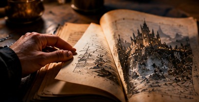 An open manuscript illustrated with a castle