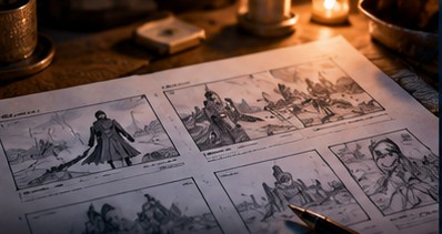 Cinematic storyboard sketches on a desk